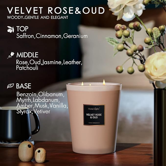 HomeLights Scented Candles | Large Jar Candle-33.3 Oz. Natural Soy Aromatherapy Candles | Up to 130 Hours Burn Time with 3 Cotton Wicks, Home Decorative Fragrance Candles Gift - Velvet Rose Oud - Bloomnest