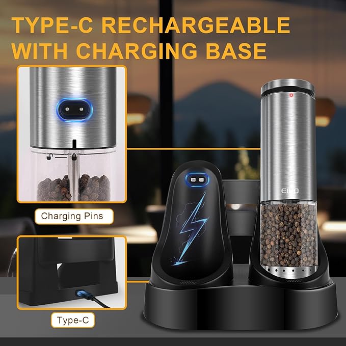 Electric Salt and Pepper Grinder Set Rechargeable, External Adjustable Coarseness, Automatic Salt & Pepper Shakers Mills, Kitchen Gadgets,Stocking Stuffers Christmas Cooking Gifts for Adults Men Women - Bloomnest
