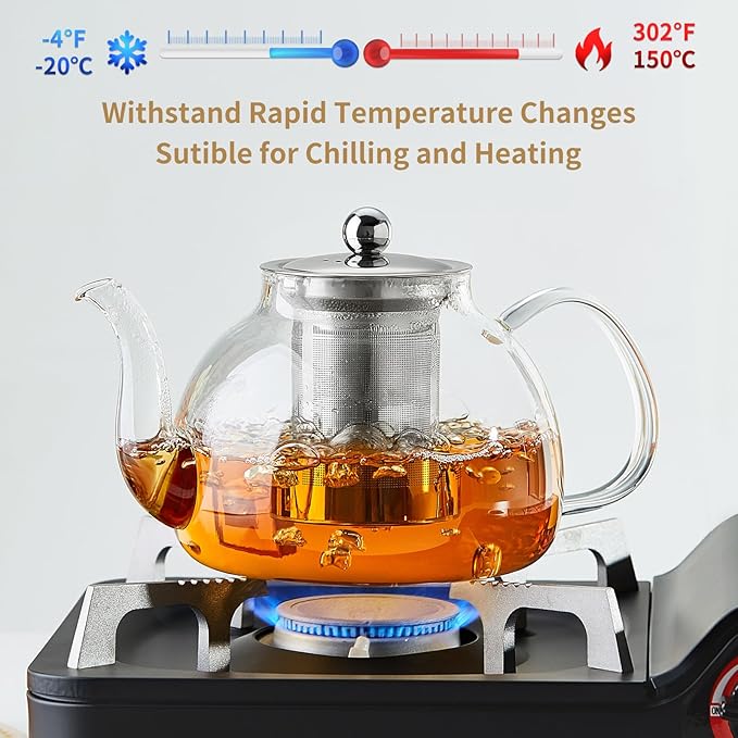 40OZ (1200ML) Glass Teapot with Infuser Stovetop Safe, Clear Glass Tea Pot Kettle, Borosilicate Tea Pot with Infusers Filter for Loose Tea, Tea Kettle Dishwasher Safe - Bloomnest