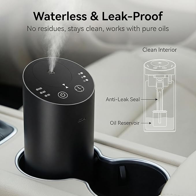Car Diffuser, Waterless Essential Oil Diffuser with 2000mAh Battery & Timer, Adjustable Mist Cordless Aromatherapy for Car, Portable Air Freshener with Premium Aluminum Alloy & Type-C Charging (Black) - Bloomnest