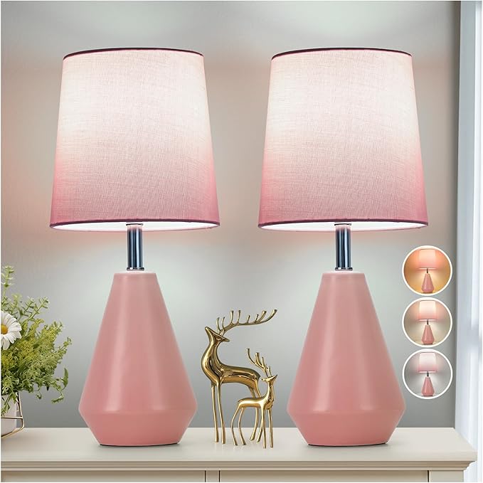 Small Bedside Table Lamp for Bedroom-Reading Desk Lamp Set of 2,with 3 Color Temperatures,15.5" Nightstand Ceramic Lamp with Fabric Shade for Kids Room,Living Room,Dorm,Home Office(Pink) - Bloomnest