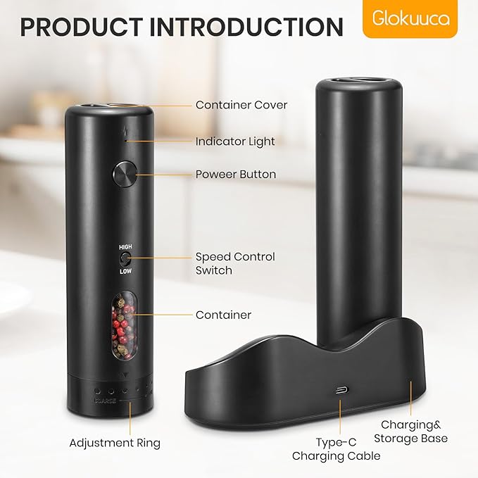 Rechargeable Salt Grinder Set Top-Refill Electric Grinders with Variable Grinding Speed, External Adjustable Coarseness, Black - Bloomnest