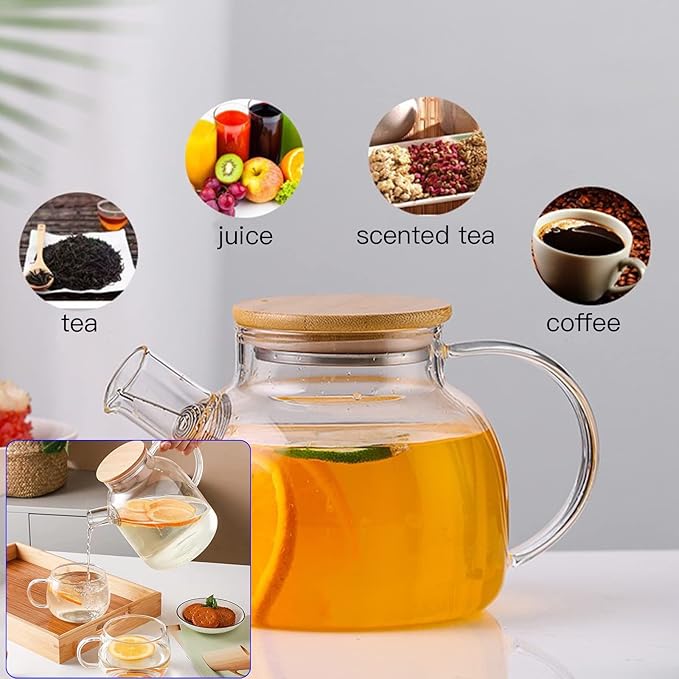 Glass Teapot 34oz/1000ml, Stovetop & Microwave Safe Borosilicate Tea Pot,Clear Teapot with Strainer, Glass Tea Kettle with Wooden Lid for Loose Leaf、Fruit Tea and Fragrant Tea - Bloomnest