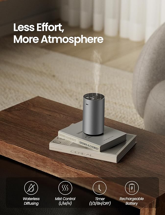 Waterless Essential Oil Diffuser, Rechargeable Scent Diffusers with 3 Mist Levels & Timers, Portable Aromatherapy Diffuser for Home Car Room Studio Office, Iron Grey Metal - Bloomnest