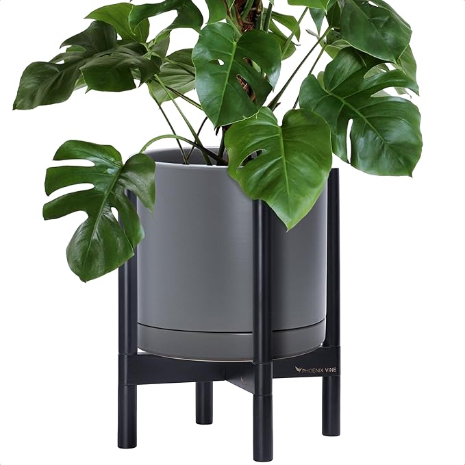 D'vine Dev Ceramic Planter with Ebony Stand - 12 Inch Modern Round Flower Pot with Wood Planter Holder, Grey, 55-B-H-3 - Bloomnest