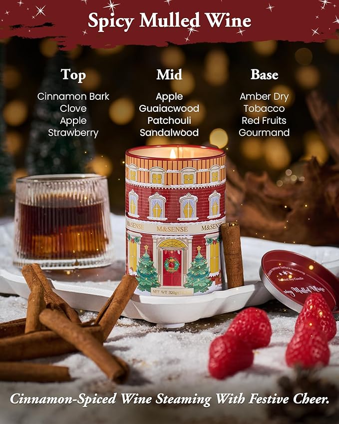 M&SENSE Spicy Mulled Wine Christmas Candles, Warm Apple Cider Holiday Scented Candle for Festival Ambiance, Winter Christmas Gifts for Women Men, Soy Wax 11.3oz 70 Hour Long Lasting Clean Burn - Bloomnest