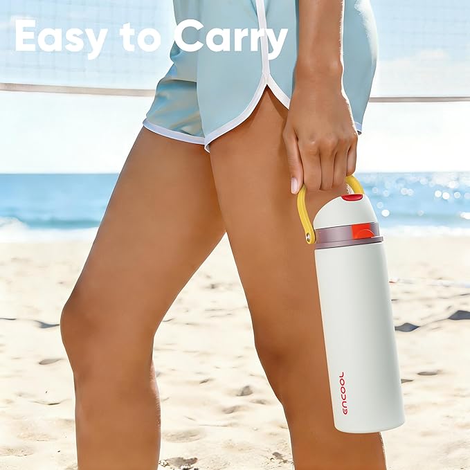 Insulated Water Bottle with Straw - Encool Stainless Steel Water Bottle with Push Button Lid, Leak-Proof & BPA-Free, Keeps Cold for 24 Hours for Sports, Travel, Gym (32 oz, Quill Grey-Red) ENCOOL