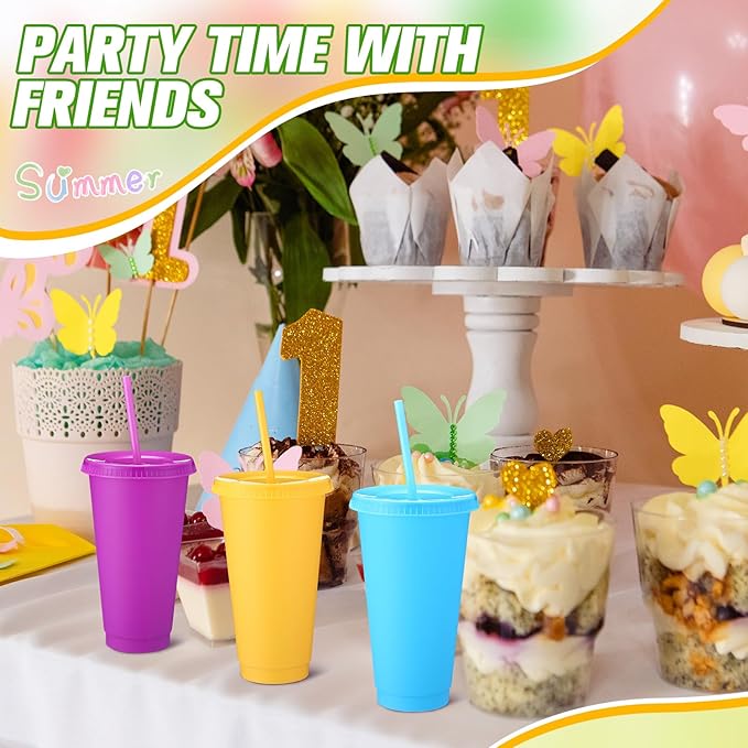 Honeydak 30 Pack Tumbler with Straw and Lid Bulk Water Bottle Iced Coffee Travel Mug Cup Reusable Plastic Cups for Party Birthdays 24-27 oz (Bright Color) - Bloomnest