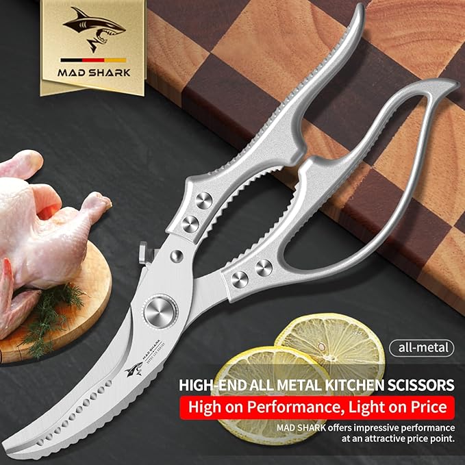 MAD SHARK Heavy Duty Poultry Shears, Kitchen Shears with Non-Slip Handle & Safety Lock, All Purpose Kitchen Scissors for Chicken, Meat Cutting, Turkey, Fish, Vegetables, Spring Loaded, Dishwasher Safe - Bloomnest