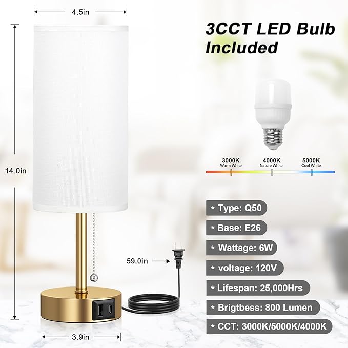 Gold Bedside Lamp for Bedroom Nightstand - Small Table Lamp with USB A + C Charging Port, 3 Color Temperatures Pull Chain Night Stand Light, Side Table Desk Reading Lamp for Living Room/Dorm Room - Bloomnest