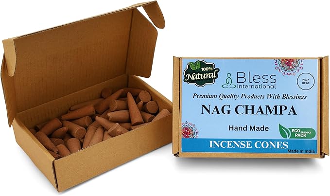 Bless-International Nag Champa 100%-Natural-Incense-Cones Handmade-Hand-Dipped Organic-Chemicals-Free for-Purification-Relaxation-Positivity-Yoga-Meditation The-Best-scents (60 Count) BlessInternational