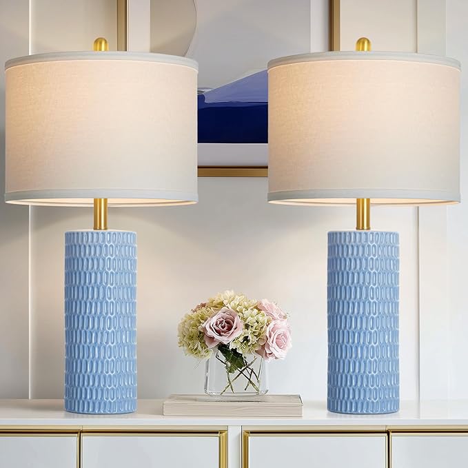 27" Blue Ceramic Lamps Set of 2, Coastal Ceramic Table Lamps for Living Room with Rotary Switch, Classic Bedside Lamp for Nightstand, Tall Lamps for Bedroom Side End Table Home Decor - Bloomnest
