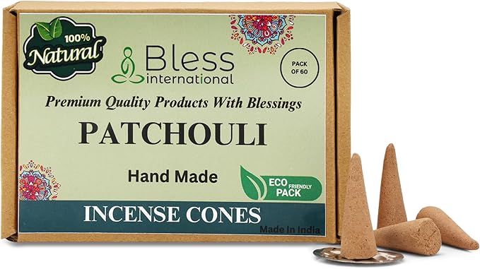Bless International Patchouli 100%-Natural-Incense-Cones Handmade-Hand-Dipped Organic-Chemicals-Free for-Purification-Relaxation-Positivity-Yoga-Meditation The-Best-scents (60 Count) BlessInternational