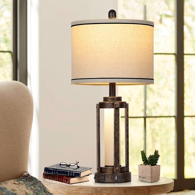 Farmhouse Lamps with USB A+C Charging Ports & AC Outlet, Rustic Vintage Industrial Table Lamps Metal Lamp with Glass LED Night Light & Beige Fabric Shade for Living Room Bedrooms Nightstand Bronze - Bloomnest