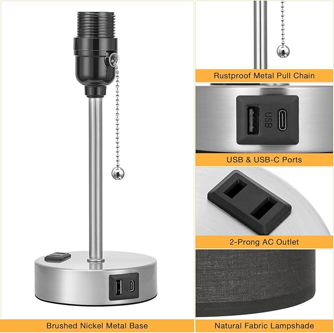 Black Table Lamp for Bedroom Nightstand - 3 Color Temperature Bedside Lamp with USB C and A Ports, Pull Chain Lamp for Bedroom with AC Outlet, Small Lamps Silver Metal Base for Kids Boys/Dorm Room - Bloomnest