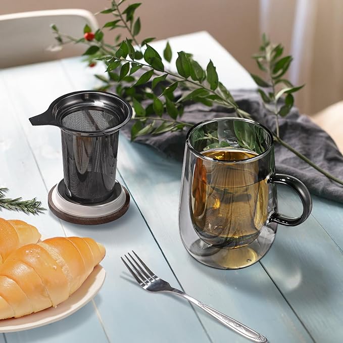 glastal Tea Infuser Mug 14.5oz Glass Tea Cup with Removable Stainless Steel Infuser and Lid, Double-walled Black Glass Tea Cup Teacup for Loose Leaf Tea, Birthday for Parents Dad Mum Friends Office - Bloomnest