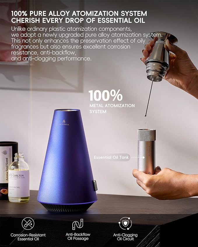 Waterless Scent Diffuser Starter Kit - 1500 Sq Ft Coverage, Alloy Atomization System,Mood Light,Smart Rechargeable Hotel Scent Diffuser, Including 120ml Essential Oil, for Home,Large Room,Spa,Blurple - Bloomnest