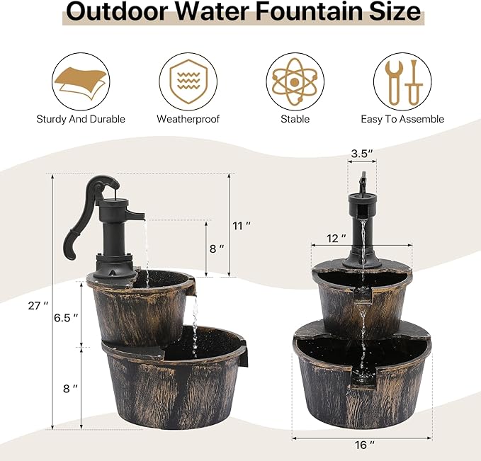 Athena Collection 27'' Height Electric Waterfall Fountain 2 Tier Stepped Barrel Vintage Fountain Polypropylene with Pump Freestanding Floor Tabletop Fountain for Outside, Patio, Garden, Bronze - Bloomnest