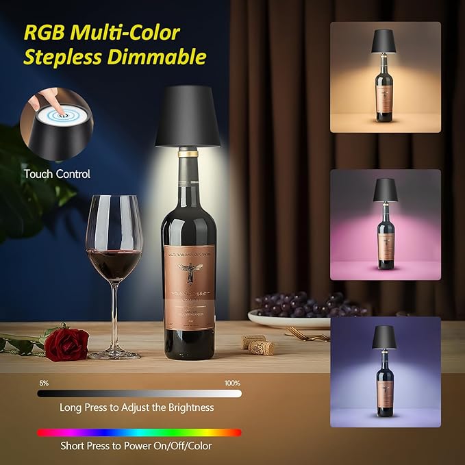 2025 New Wireless Bottle Lamp - LED Bottle Lights for Liquor & Wine Bottles, Cordless Lampshade, Whiskey Bottle Top Light, Bottle Stopper Night Light Kit, Rechargeable RGB Remote & Touch-Dimmable - Bloomnest