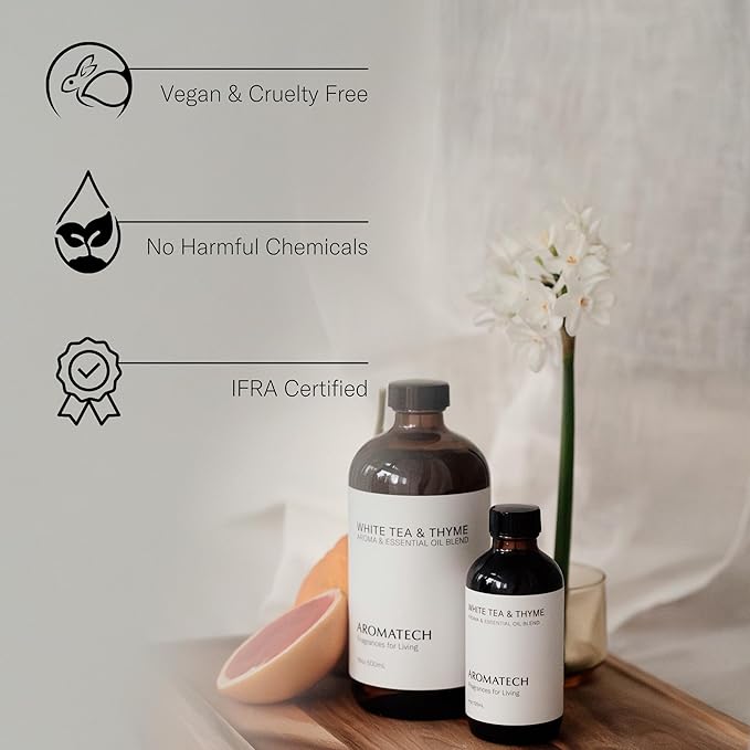 AromaTech White Tea and Thyme Aroma Essential Oil Blend: Luxury Hotel Inspired Aromatherapy with Tea Leaf, Fresh Thyme & Amber for Ultrasonic Diffusers & Nebulizers - 4 fl oz, 120 ml - Bloomnest