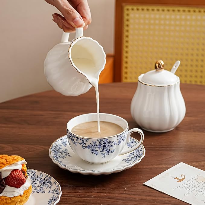 ceramic tea cups and saucers 6oz,floral tea cups for Coffee, Latte, Cafe Mocha and Tea (Little Blue Flowers) - Bloomnest