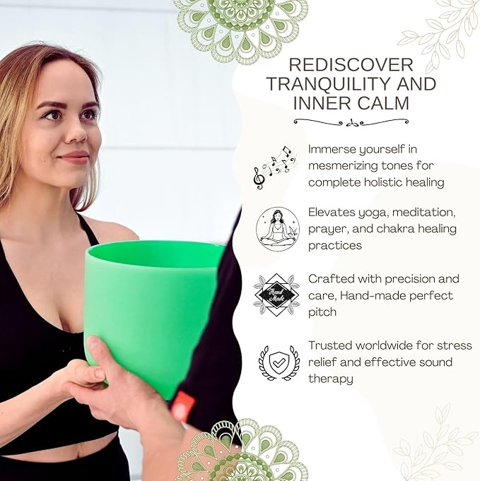 Green F Note Heart Chakra 8 inch Quartz Crystal Singing Bowl, for Healing Mindfulness Meditation Yoga Sound Baths, with Case Rubber Mallet - Bloomnest