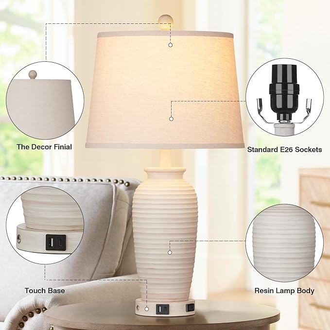 24.3" Farmhouse Jar Table Lamps Set of 2, 3 Way Touch Control Rustic Bedside Lamps with USB A+C Ports & AC Outlet, Pot Nightstand Lamps for Bedroom Living Room (LED Bulbs Included) - Bloomnest