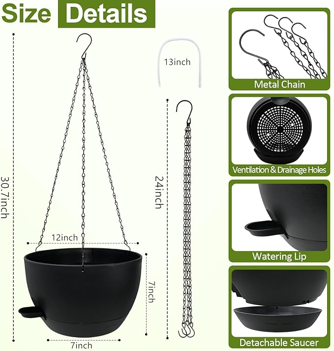 WOUSIWER Self Watering Hanging Planters, 2 Pack 12'' Plastic Pots with Drainage Holes & Reservoir Tray (Black) | Indoor & Outdoor Use for Ferns, Ivy, Herbs, Succulents - Bloomnest