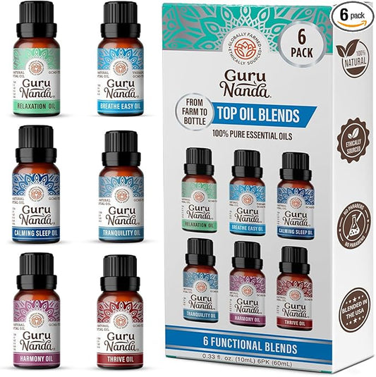 GuruNanda Essential Oil Blends (Set of 6) - Natural Essential Oil Set, Aromatherapy Oil Blends for Diffusers - Breathe Easy, Tranquility, Harmony, Calming Sleep, Relaxation & Thrive - Bloomnest