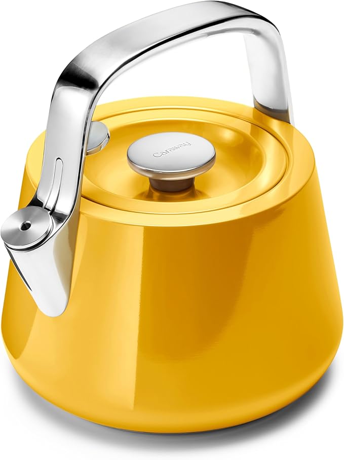 Caraway 2 Quart Whistling Tea Kettle - Durable Stainless Steel Tea Pot - Fast Boiling, Stovetop Agnostic - Non-Toxic, PTFE & PFOA Free - Includes Pot Holder - Marigold - Bloomnest