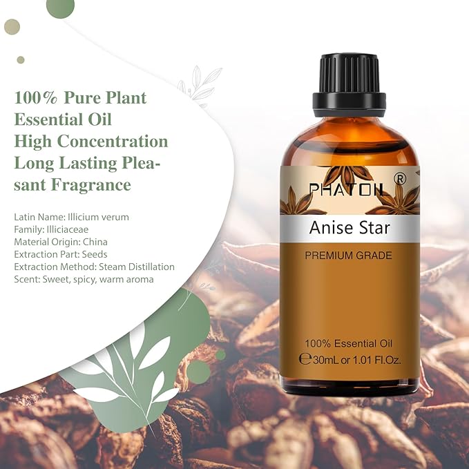 Anise Star 1.01fl.oz Essential Oil, PHATOIL Pure Aromatherapy Oils for Diffuser, Humidifier, Perfect for DIY Soap, Candle, Bath Bombs Making(30ml) - Bloomnest