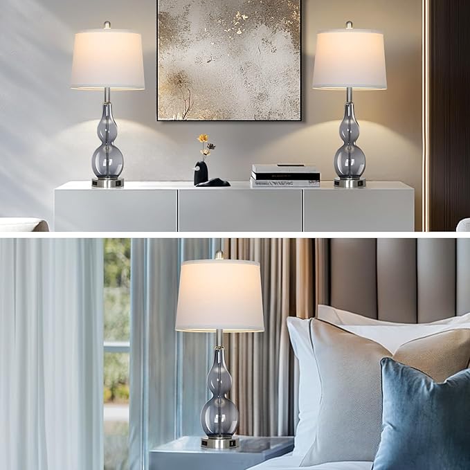 27.5" Gray Clear Glass Table Lamp Set of 2,3-Way Dimmable Touch Control Bedside Lamps with USB Ports and AC Outlet, Modern Nightstand Lamps for Bedroom Living Room - Bloomnest