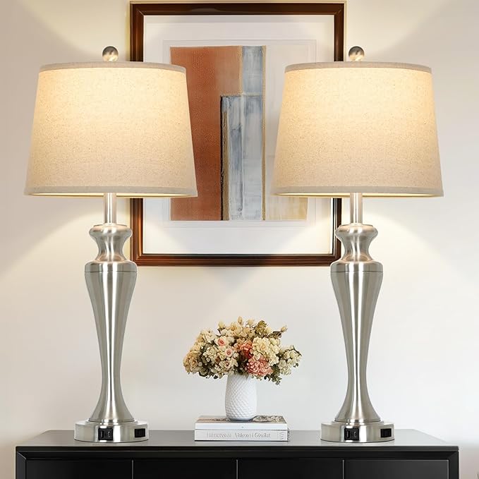 30" Silver Table Lamps Set of 2, 3-Way Dimmable Touch Living Room Lamp with USB A+C Ports and AC Outlet, Modern Brushed Nickel Bedroom Lamps, Tall Metal Bedside Lamp for Nightstand Side Table - Bloomnest
