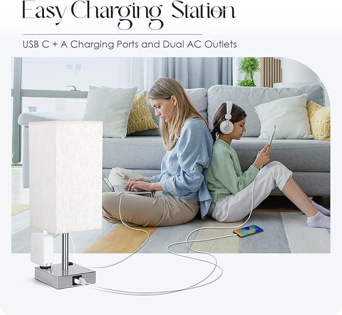 Bedside Lamp with USB Ports - Touch Control Table Lamp for Bedroom with USB C+A Charging Ports & AC Outlets, 3 Way Dimmable Nightstand Light for Living Room (LED Bulb Included, Chrome - Flaxen) - Bloomnest