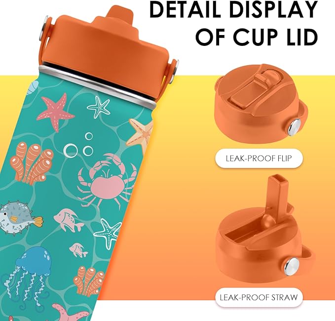 Ocean Gifts for Kids - 16 Oz Green Water Bottle with Straw Lid, Stainless Steel Insulated Tumbler, Leak Proof, BPA-Free, for Girls & Boys, School, Beach - Marine Life Lovers Birthday Gifts (1pc) - Bloomnest