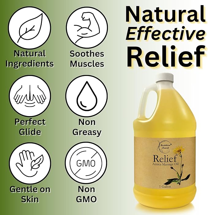Relief Arnica Massage Oil for Massage Therapy | for Sports & Athletic | All Natural Arnica Montana for Sore Muscle Relief | Sweet Almond, Jojoba, Grapeseed & Essential Oils | 1 Gallon