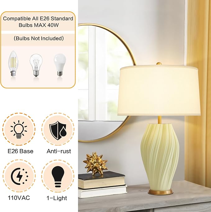 Modern Textured Ceramic Large Table Lamps 26.75", Sage Green Plug in Table Lamp Decor for Living Room Bedroom Bedside Tables Office Desk End - Bloomnest