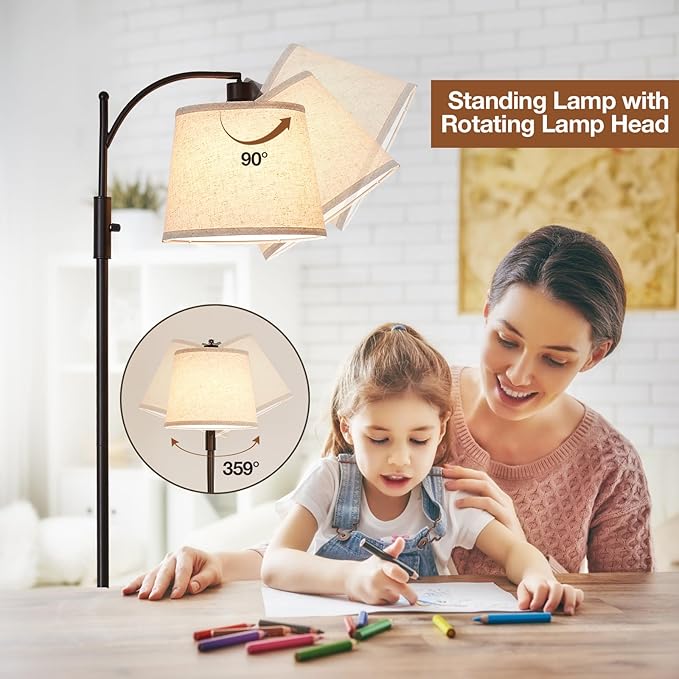 AIDENOEY Fully Dimmable Floor Lamp for Living Room，Standing Lamp Rotary Switch with Table&Linen Beige Shade，Black Tall Lamps for Bedroom with Adjust Head，9W LED Bulb Included - Bloomnest