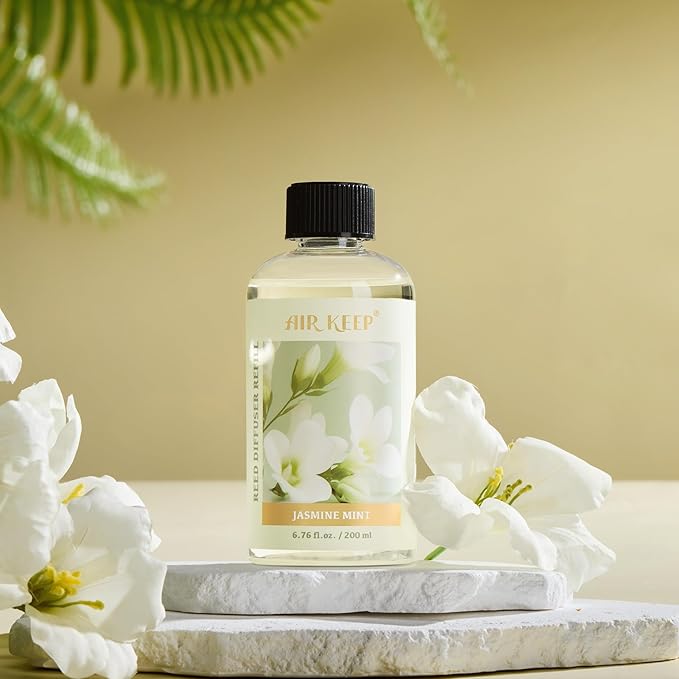 Airkeep Reed Diffuser Oil Refill with Diffuser Sticks, 6.76 Fl Oz(200ml) Jasmine Mint Scented Oils, Aroma Therapy, Home Fragrance & Air Freshener, Office Décor, Decoration - Bloomnest
