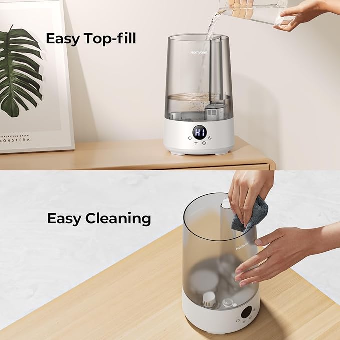 Homvana Humidifiers for Bedroom Home, 3.6 L Cool Mist Top-Fill 34H Super Long Time, Quiet 23dB, Baby Humidifier, Oil Diffuser for Large Room, House, Plant, Nursery, Office, BPA FREE, Ultrasonic (Grey) - Bloomnest