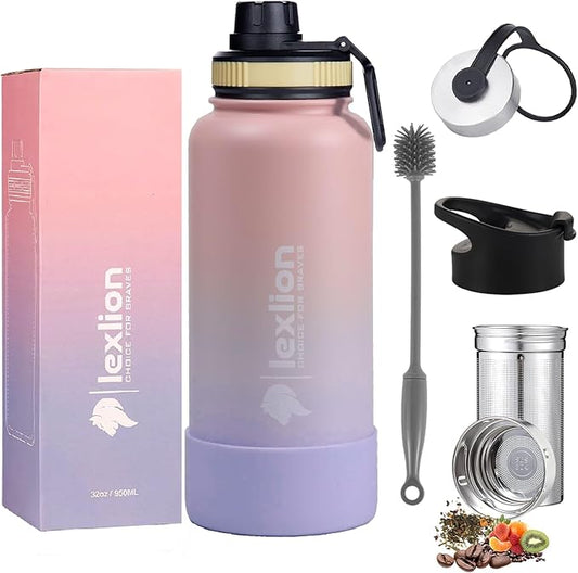 Lexlion Tea Infuser Water Bottle 32 Oz – Triple Wall Insulated Stainless Steel, Loose Leaf & Fruit Strainer, 3 Leakproof Lids, BPA-Free Silicone Sleeve, Reusable Thermal Mug - Bloomnest