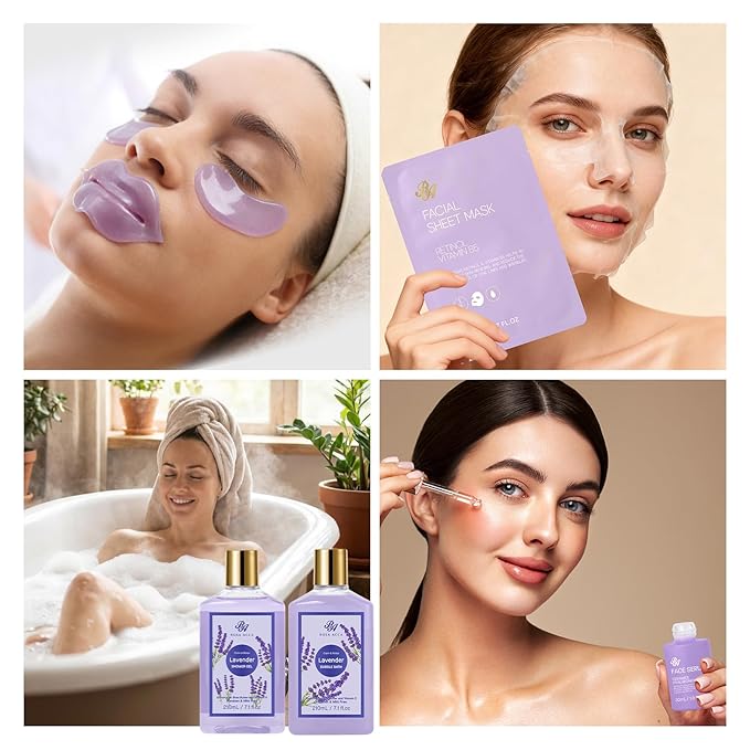 25 Pcs Valentines Day Gifts for Women, Lavender Bath & Body Gift Set, Hydrating Skin Care Set, Self Care Gifts, Face Sheet Mask, Cosmetic Bag, Necklace, Christmas, Birthday, Mothers Day - Bloomnest