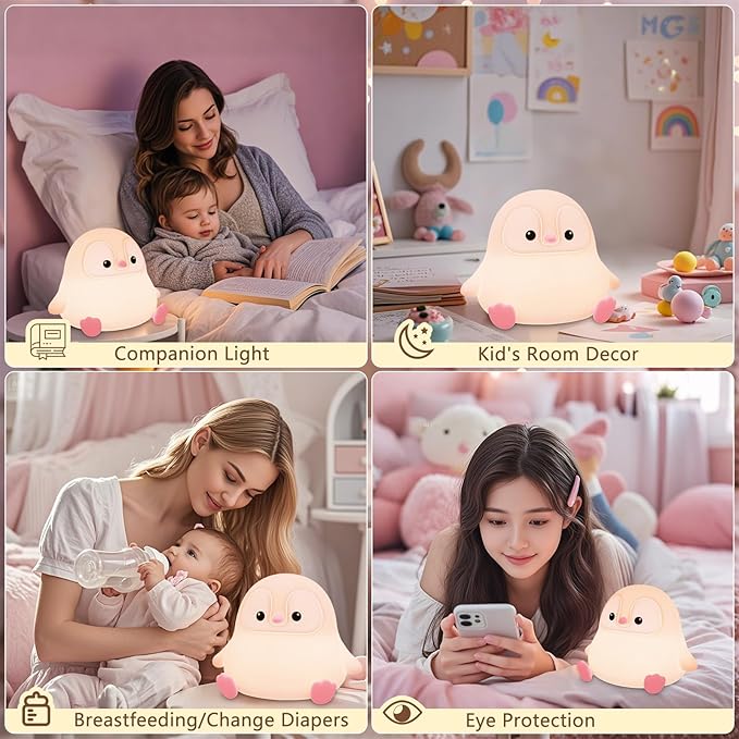 Penguin Night Light for Kids,Cute Pink Penguin Touch Lamp,Soft Silicone Nursery Nightlight,LED Squishy Novelty Animal Bedside Lamp,Rechargeable/Dimmable/Timer Desk Lamp,Kids Room Decor - Bloomnest