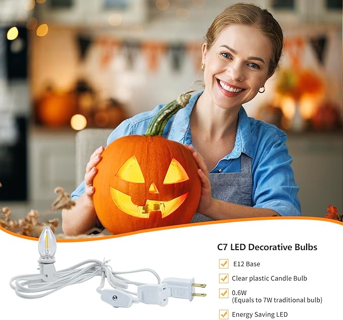 2-Pack Accessory Cord with 2 C7 LED Night Light Bulb, Candelabra-Base E12 Socket White Cord with On/Off Switch Plugs, for Holiday Decorations, Christmas Village House, Pumpkin Lights - Bloomnest