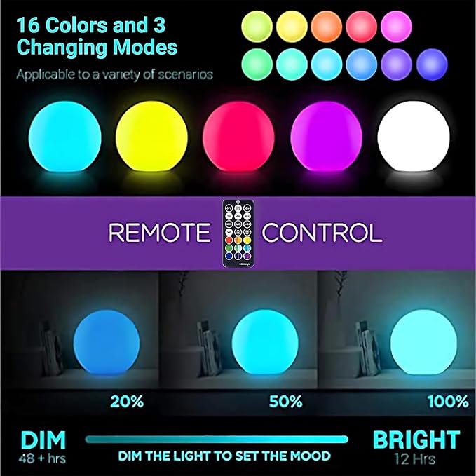 LOFTEK 6-inch LED Light Ball: Nursery Night Light with Remote Control, 16 RGB Color Changing & Dimming Rechargeable, Cordless Portable Floating Pool Lights for Kids or Decor - Bloomnest