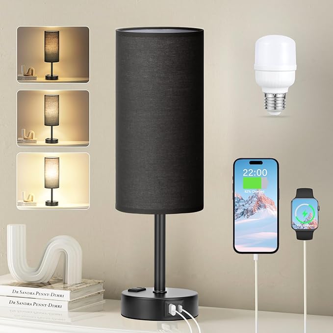 Fenmzee Black Bedroom Lamp for Nightstand - 3 Way Dimmable Bedside Lamp USB C A Charging Ports and AC Outlet, Small Table Lamp Black Base for Living Room, Office Desk, LED Bulb Included - Bloomnest