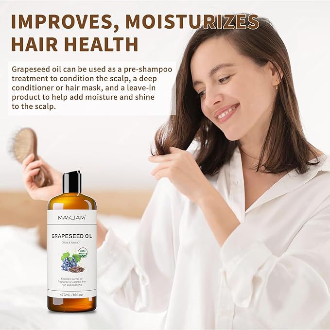 MAYJAM Organic Grapeseed Oil for Skin & Hair 16 oz, USDA Certified 100% Pure & Natural Grape Seed Oils, Cold Pressed Body Massage Carrier Oil for Skin Face Essential Oils Mixing, Hexane Free - Bloomnest