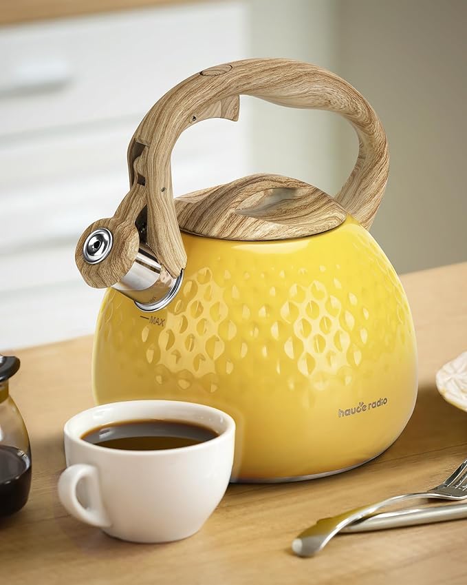 Tea Kettle, Stovetop Teapot, 2.5 Quart, Loud Whistle, Food Grade Stainless Steel and Smooth Wood Pattern Handle, Sophisticated Look for Hiking, Picnic, for Tea, Coffee, (Yellow) - Bloomnest