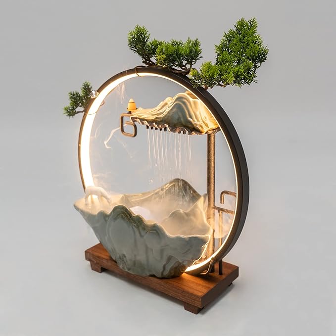 Tabletop Water Fountain, Indoor Waterfall with Round LED Light & Mist Maker and Incense Holder for Home Office Decor for Good Luck Wealth - Bloomnest