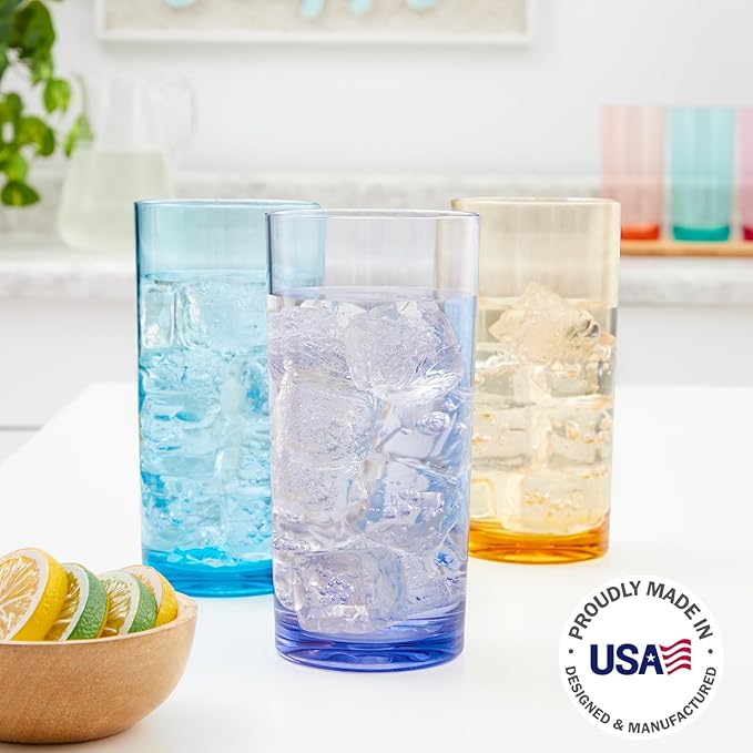 US Acrylic Classic Plastic Reusable Drinking Glasses (Set of 6) 24oz Iced Tea Cups Assorted Colors | BPA-Free Tumblers, Made in USA | Top-Rack Dishwasher Safe - Bloomnest
